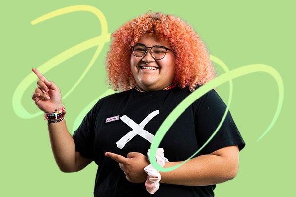 A student in front of a green background with a gradient swirl behind her